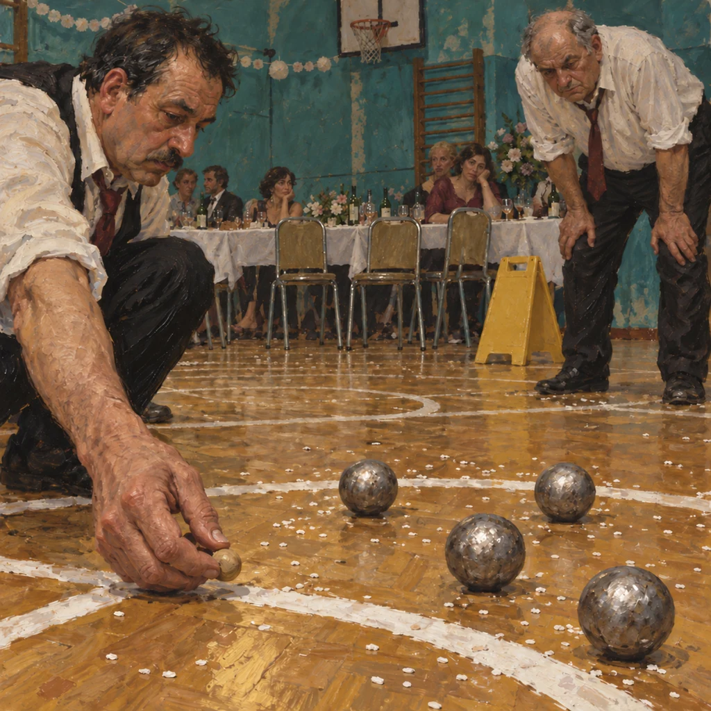 De två papporna spelar boule på parketten. Kloten slår mot stolarna; riset knastrar.